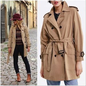 Camel Double Breasted Belted Trench Coat